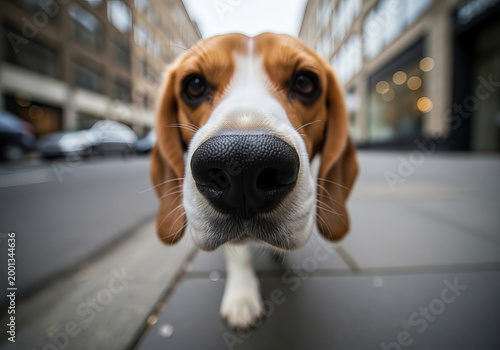 Close up shot of a cute Beagle walking on the street