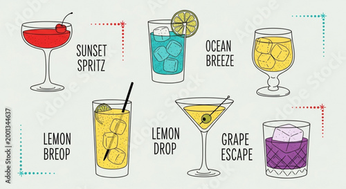 Collection of colorful cocktail illustrations featuring popular drinks like Sunset Spritz and Ocean Breeze perfect for bar menus and summer p