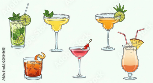 Collection of colorful cocktail drinks refreshing summer beverages with garnishes perfect for bar menus and party invitations