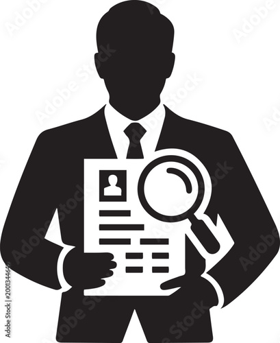 CV review icon. Business, human resource sign. Looking for talent. Search man vector icon. logo Vector Black silhouettes