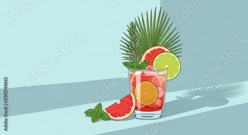 Refreshing citrus cocktail with grapefruit lime and mint garnished with tropical leaves perfect for summer drinks and beverage advertising