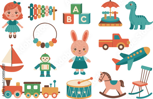 Cute kids toys set, colorful nursery collection with dolls blocks train airplane rocking horse and baby accessories