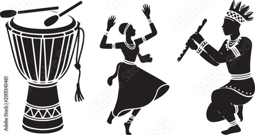 Silhouette vector of  tribal dancers and musicians playing drums.  Drum, Dancer and Flute Player Illustration 