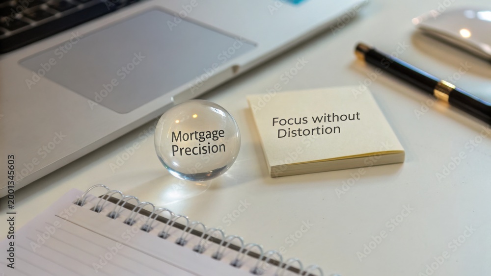 Obraz premium Clear Focus on Mortgage Precision and Distortion-free Insight in a Professional Work Environment with Laptop and Notepad