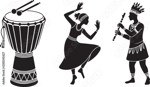 Silhouette vector of  tribal dancers and musicians playing drums.  Drum, Dancer and Flute Player Illustration 