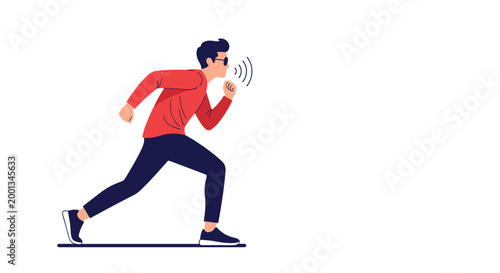 Sporty man in a red shirt and dark pants runs forward while speaking or shouting as indicated by several sound wave icons in the air.