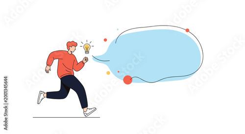 Man in a red sweater runs quickly with a glowing lightbulb idea next to a large empty blue speech bubble on a white studio backdrop.