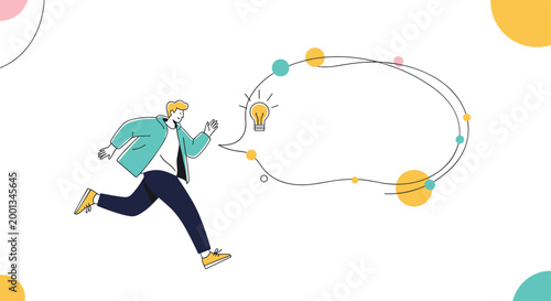 Enthusiastic man in a teal jacket runs toward a large thought bubble containing a glowing lightbulb representing a creative new idea.