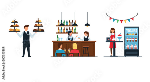 Collage of three food service scenes including a waiter with dessert trays, people at a bar, and a woman at a yogurt stand.