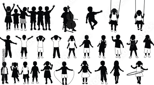 Black and white silhouette collection of children in various playful poses jumping playing music swinging and skipping on white background,