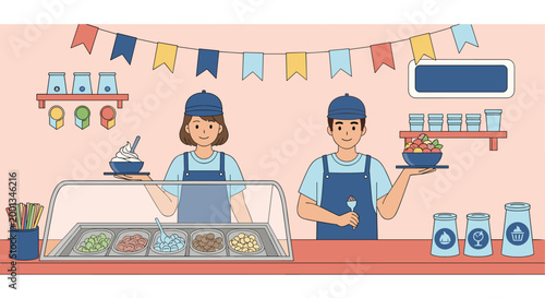 Man and woman in blue caps and aprons work at an ice cream shop counter filled with various colorful flavors and toppings.