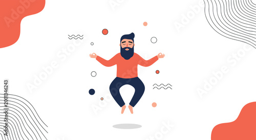 Bearded man in a red shirt and dark pants levitates while meditating in a calm yoga pose surrounded by small geometric shapes.