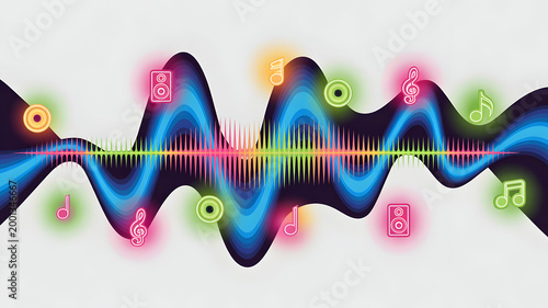 Abstract Sound Waveform with Neon Music Notes and Speakers Digital Audio Spectrum Visualization Vibrant Colors