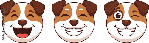 Cartoon dog face emoji set with different expressions smiling laughing and winking cute pet character vector illustration isolated on light background