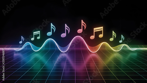 Colorful Sound Wave with Music Notes Floating Above Abstract Digital Art