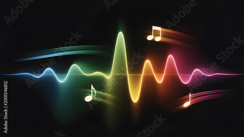 Colorful Sound Waveform with Musical Notes Abstract Audio Spectrum Visualization Digital Music Concept