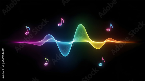 Colorful Sound Waveform with Music Notes Floating on Black Background Abstract Audio Visualization