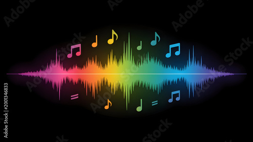 Colorful Sound Waveform with Musical Notes Floating Abstract Audio Spectrum Visualization Digital Music Concept