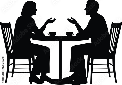 Black and white silhouette of two people sitting at a bistro table drinking coffee and talking in a cafe setting,