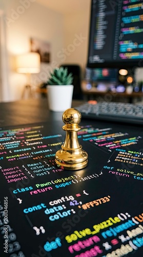 Golden chess piece on coding with computer screen background, software concept