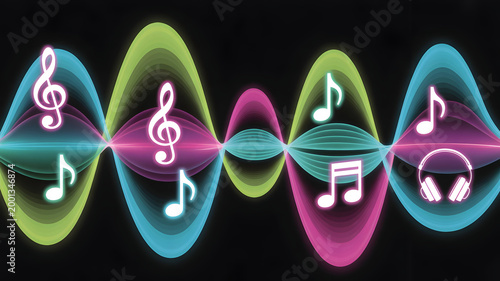 Musical Notes and Sound Waves on Black Background with Neon GlowAbstract Audio Visualization