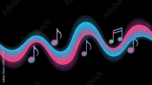 Musical Notes Flowing on Neon Sound Wave Abstract Digital Art Dark Background Vibrant Glow
