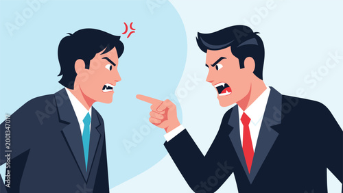 Angry businessmen shouting and pointing fingers at each other during a heated workplace conflict or professional disagreement.