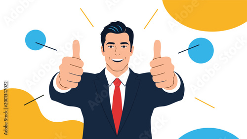 Successful businessman in a suit smiling and showing double thumbs up against a colorful abstract background with shapes.
