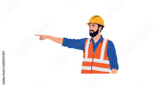Male construction worker or engineer wearing a safety vest and hard hat while pointing towards something in the distance.