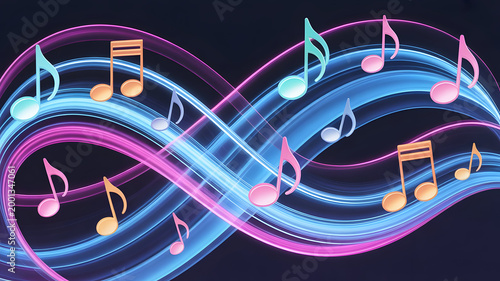 Musical Notes Flowing Through Abstract Neon Waves Digital Art Vibrant Energy