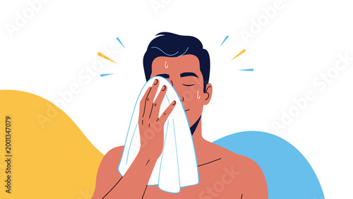 Tired man wiping sweat from his forehead with a white towel after a workout or physical activity against a simple background.