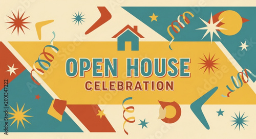 Open House Celebration banner with retro design elements featuring confetti and boomerangs for real estate events and advertising