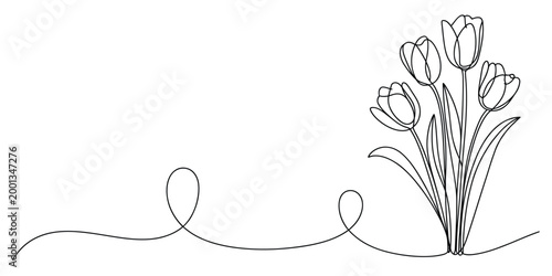 Continuous line drawing of a bouquet of tulip flowers