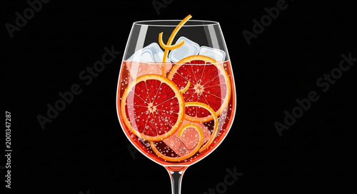 Refreshing Aperol Spritz cocktail with grapefruit slices and ice perfect for summer drinks and bar advertising isolated on black