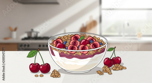 Healthy breakfast bowl with yogurt granola cherries and blueberries served in a glass bowl on a kitchen counter with fresh fruit