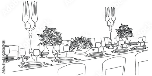 Elegant dinner table setting with flowers and candles