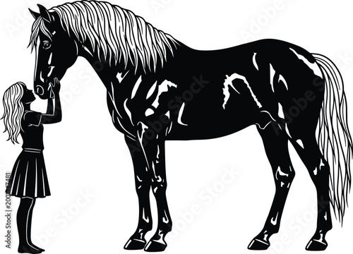 Black horse and girl silhouette illustration, child reaching to touch horse nose, equestrian friendship, minimalist animal bond, nature, vector.
