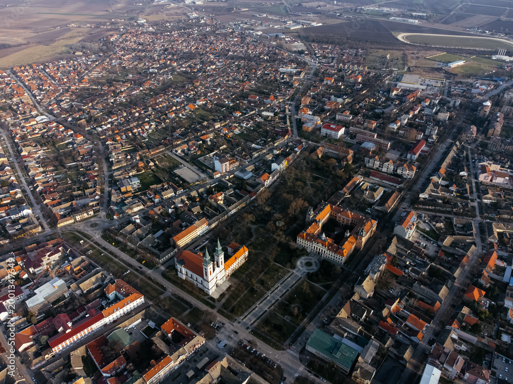 Fototapeta premium Drone view of Sombor town, square and architecture, Vojvodina region of Serbia, Europe
