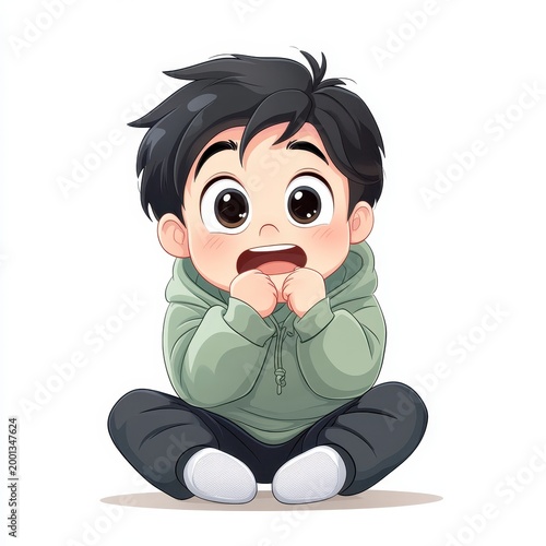 A cute cartoon toddler with big eyes, wearing a green hoodie and black pants, sitting cross-legged with hands near mouth, expressing surprise or curiosity.