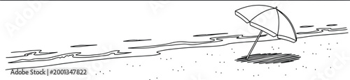 Simple line drawing of a beach umbrella casting a shadow on the sand with gentle waves in the distance, creating a peaceful summer scene.