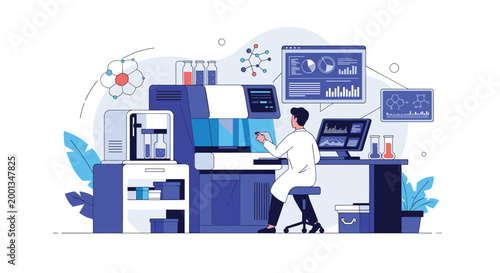 Scientific researcher operating sophisticated laboratory equipment with computer screens showing chemical analysis and data graphs.