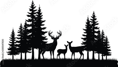 Tableau sur toile Black silhouette of deer family in pine forest, buck with antlers and doe with fawn, evergreen trees nature wilderness scene