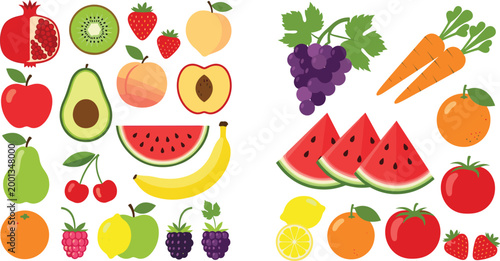 Fresh Fruits and Vegetables Vector Set with Apples, Grapes, Watermelon, Carrots, Berries, Citrus, and Avocados