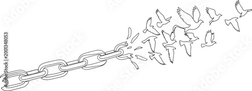 An impactful illustration depicting a strong metal chain breaking apart, releasing a flock of graceful birds flying freely into the sky, symbolizing liberation and new opportunities.
