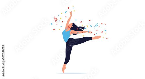 Graceful female dancer performs an elegant leap while surrounded by a festive shower of colorful confetti against a clean and minimalist background.