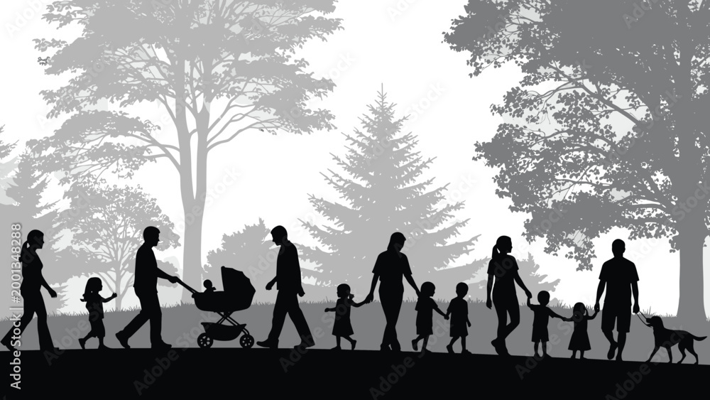 Fototapeta premium Black silhouettes of people walking in park, family with stroller and dog, outdoor activity with trees, misty forest background, vector landscape.