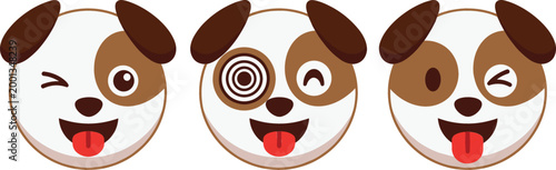 Cartoon dog face emoji set with funny expressions including wink dizzy eyes and playful tongue cute pet character vector illustration isolated