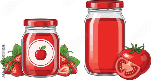 Glass jars with red jam and fresh strawberries and tomatoes isolated on white background homemade organic food vector illustration