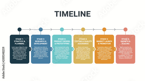 A colorful infographic illustrating a six-stage timeline for business development and growth with white text on a white background