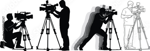 Black videographer silhouettes operating professional video cameras on tripods, camera operator filming set, media production crew vector, broadcast journalism icons, isolated.